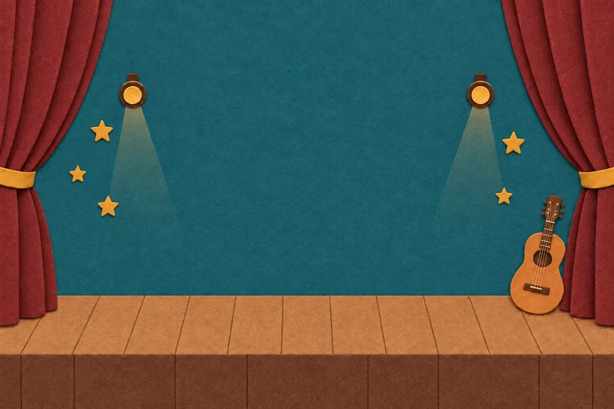 A felt stage with red curtains and spotlights, where the lion and the dog are performing.